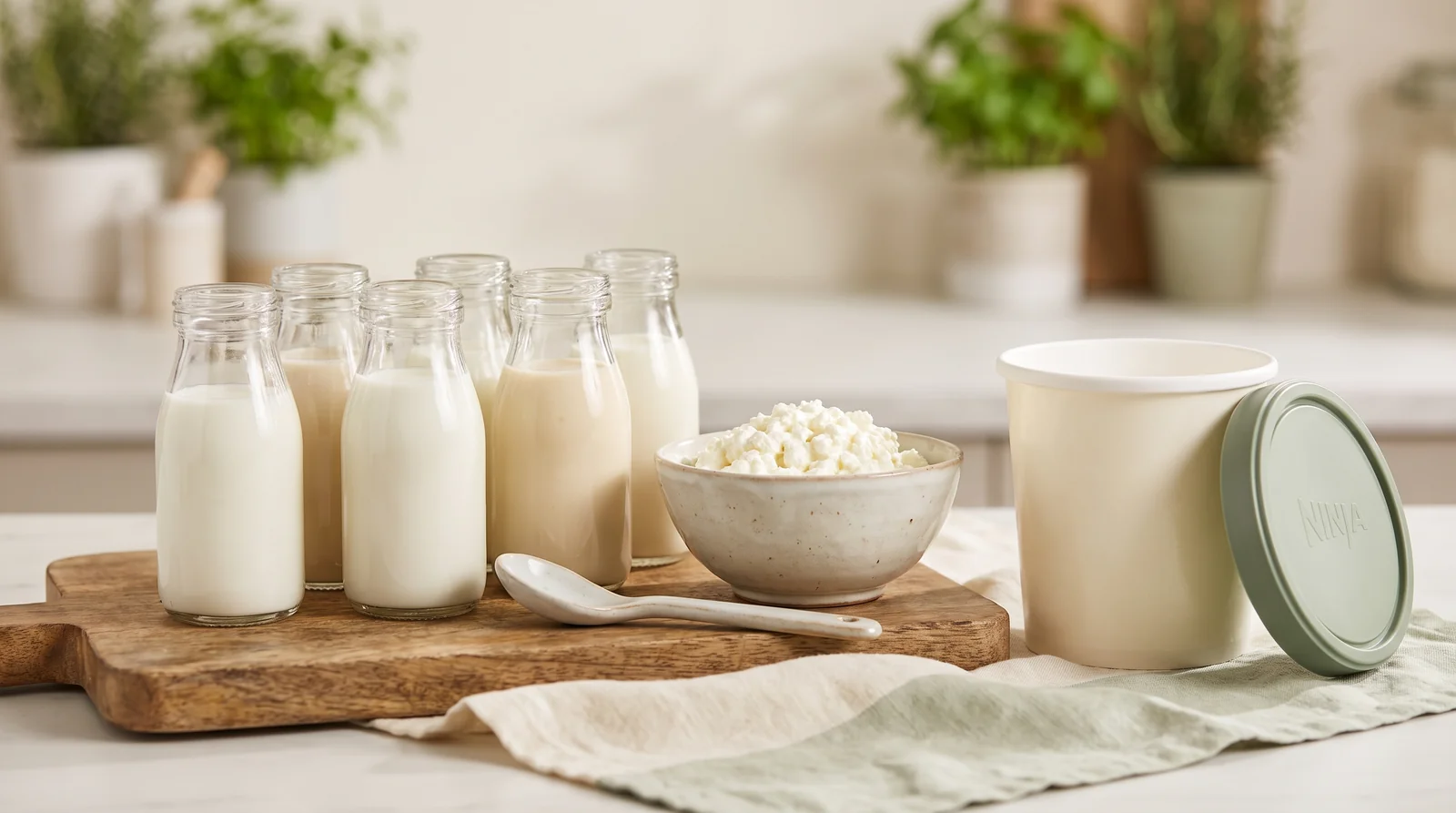 A tasting lineup of milks and a bowl of cottage cheese beside an empty Ninja Creami pint