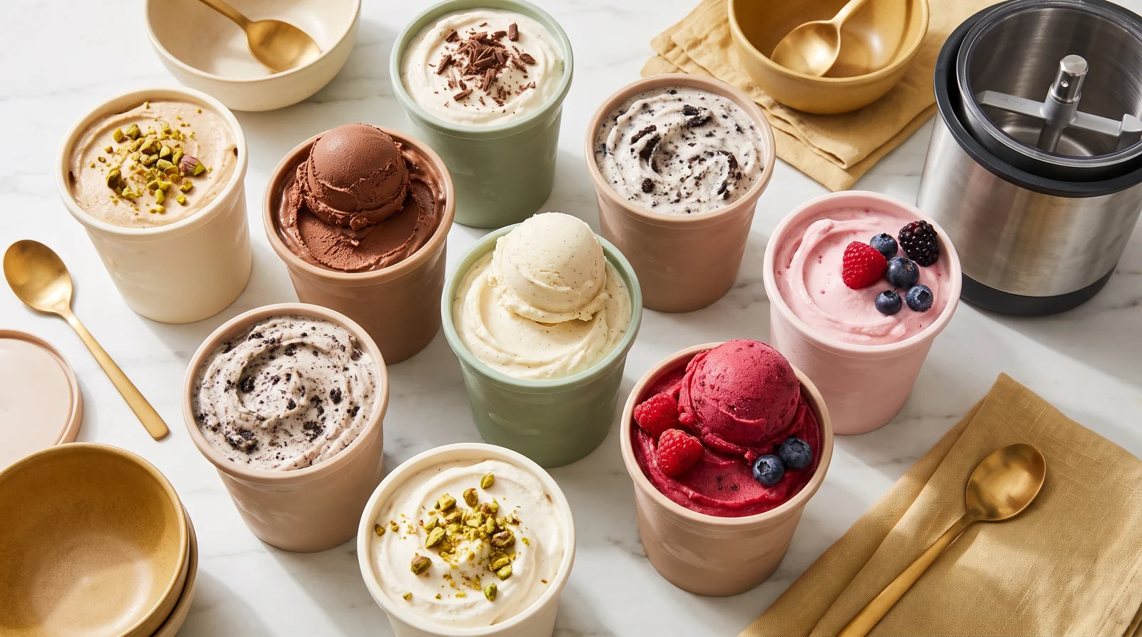 A spread of Ninja Creami pints in many flavors with creamy scoops pulled from each