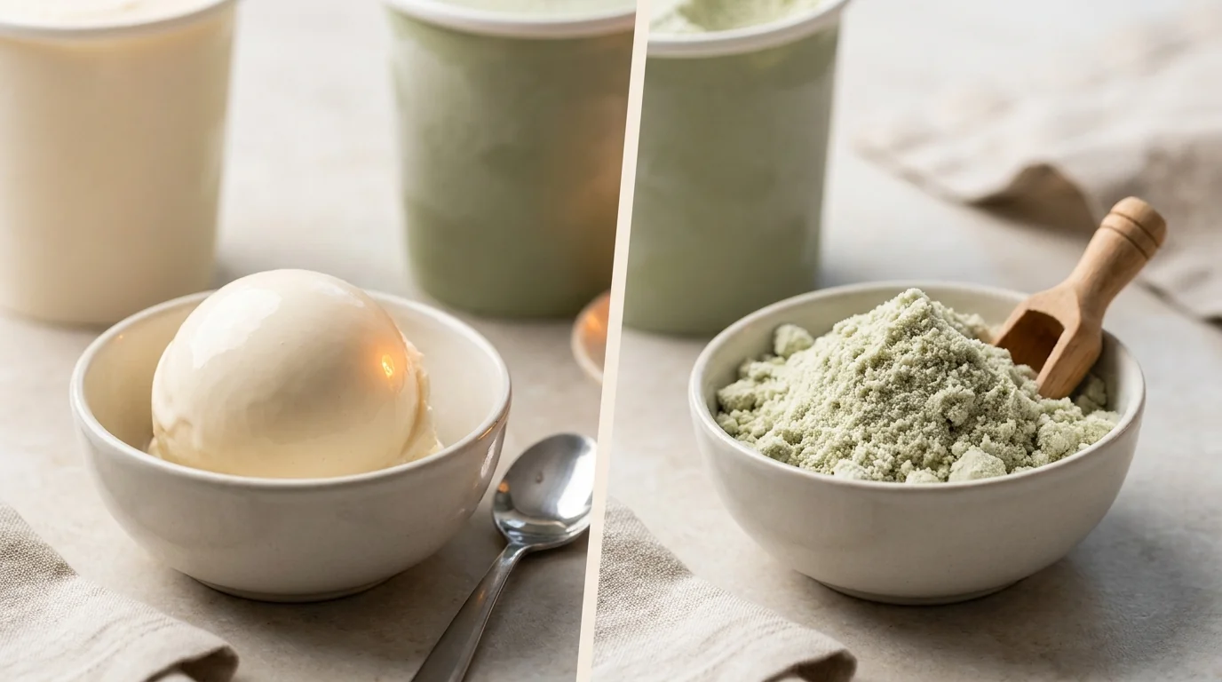 Chalky, powdery Ninja Creami scoop compared to a smooth fixed scoop