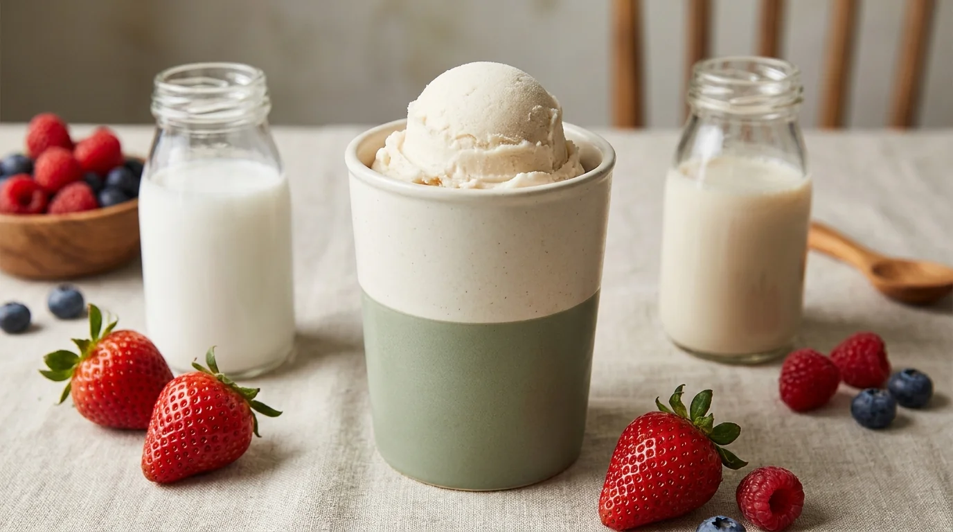 A creamy dairy-free Ninja Creami scoop made with plant milk and fresh berries