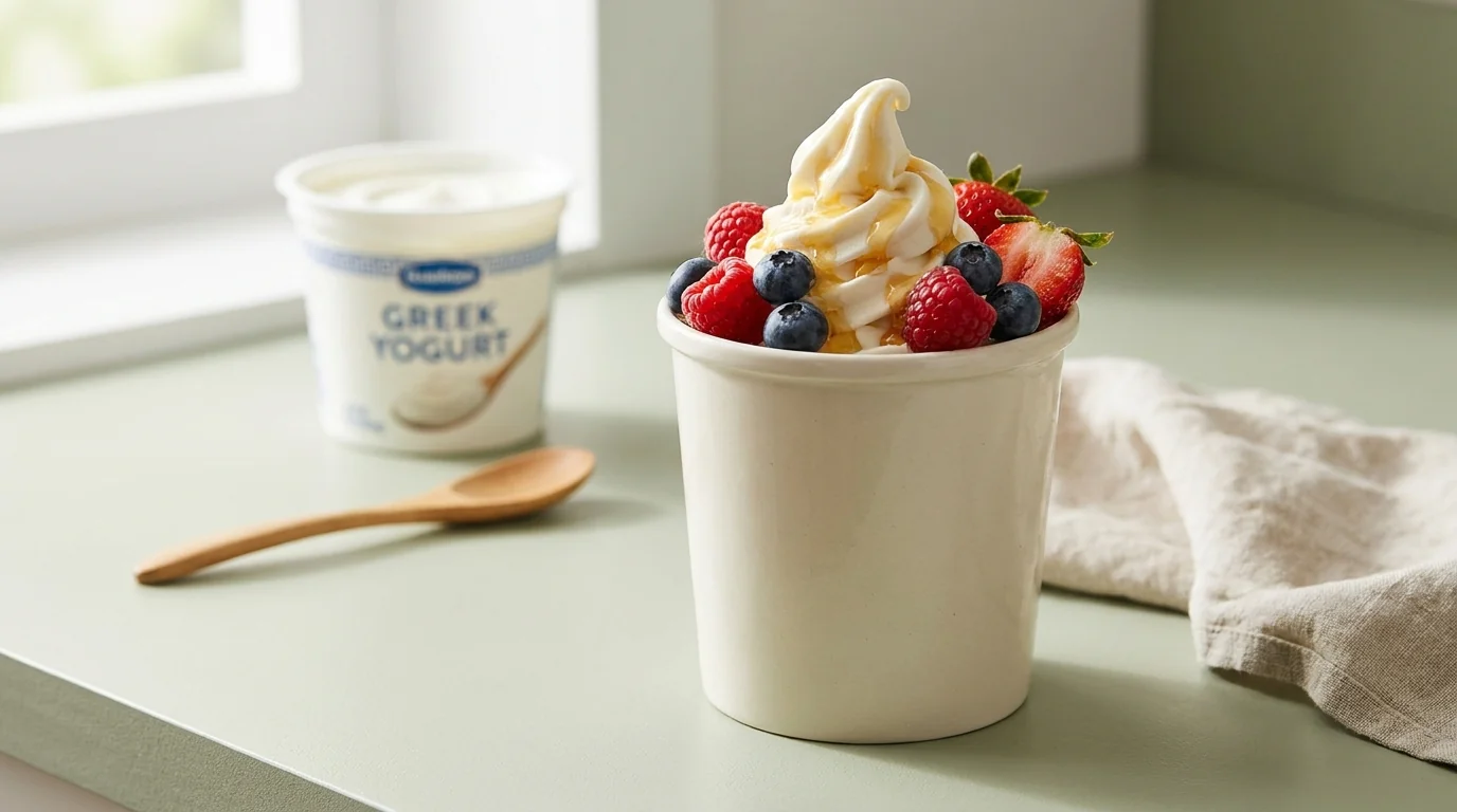 Frozen yogurt swirl in a Ninja Creami pint topped with fresh berries