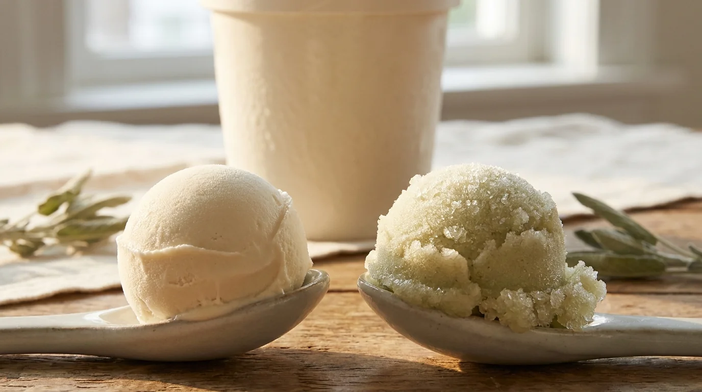 Icy Ninja Creami scoop with visible ice crystals next to a smooth creamy scoop