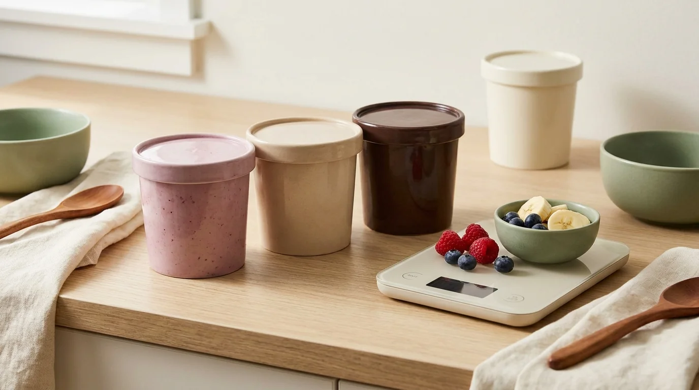 Three Ninja Creami pints scaling from light to indulgent with fresh fruit