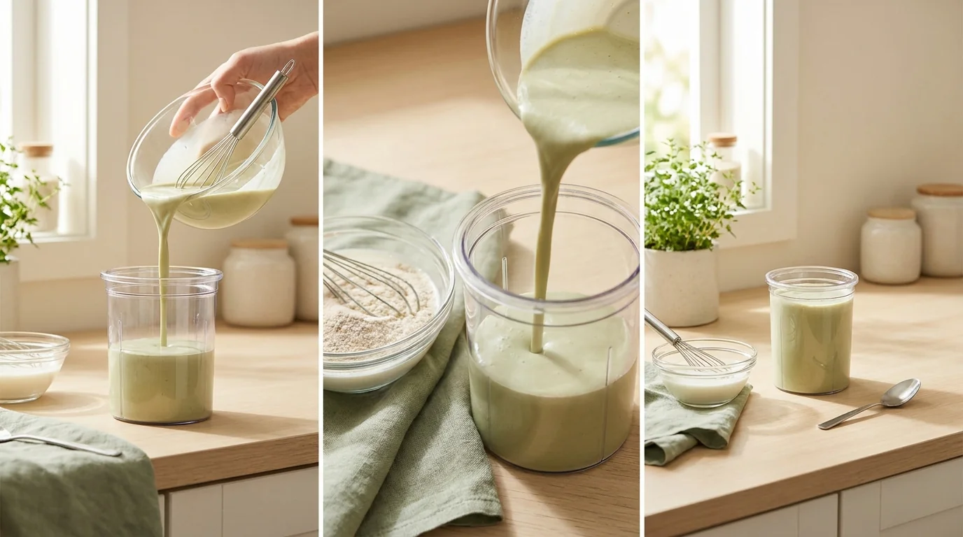 Instant pudding mix being whisked into milk before pouring into a Ninja Creami pint