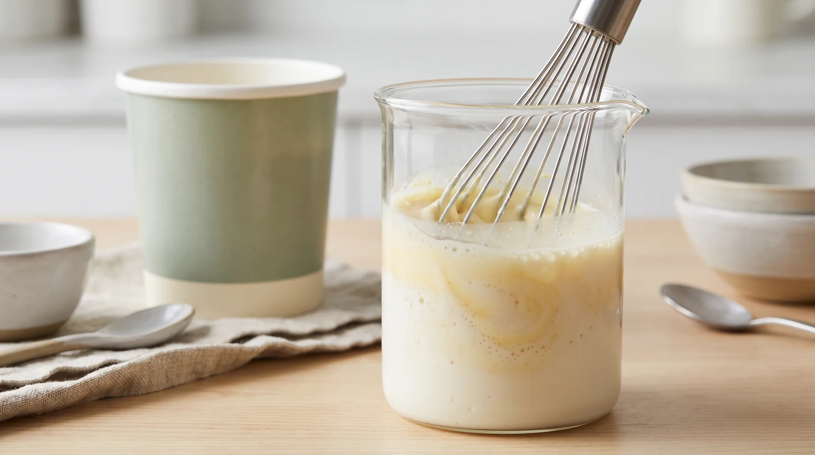 Instant pudding powder whisked into milk, thickening into a silky base beside a Ninja Creami pint
