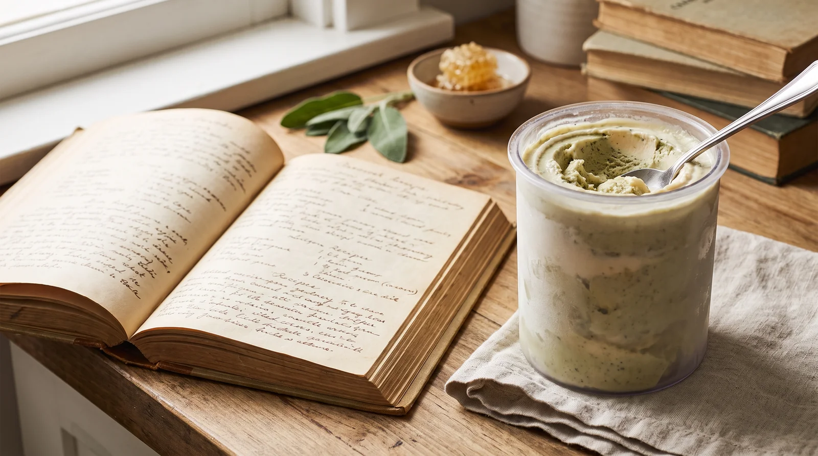 An open cookbook on a kitchen counter with a creamy Ninja Creami pint beside it