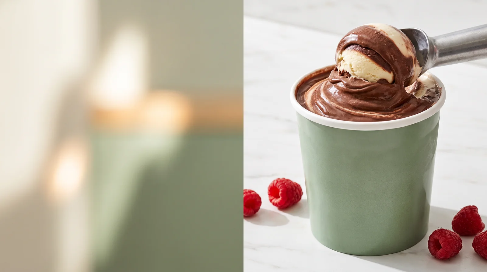 Scoops of smooth chocolate and vanilla protein ice cream made in a Ninja Creami with Simply Desserts pudding mix