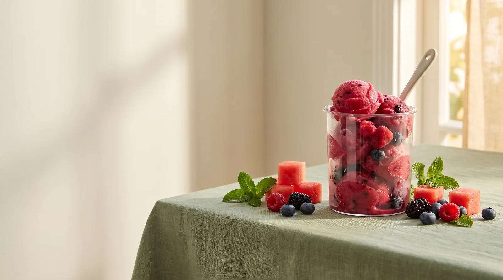 Bright fruit sorbet scooped smooth from a Ninja Creami pint made with Simply Desserts jel crystals