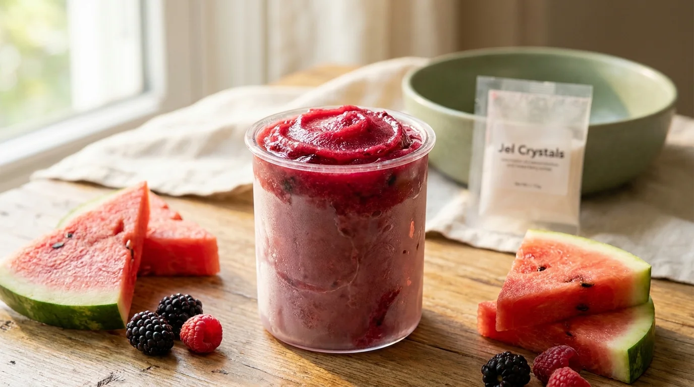 Vibrant fruit sorbet in a Ninja Creami pint made with Simply Desserts jel crystals