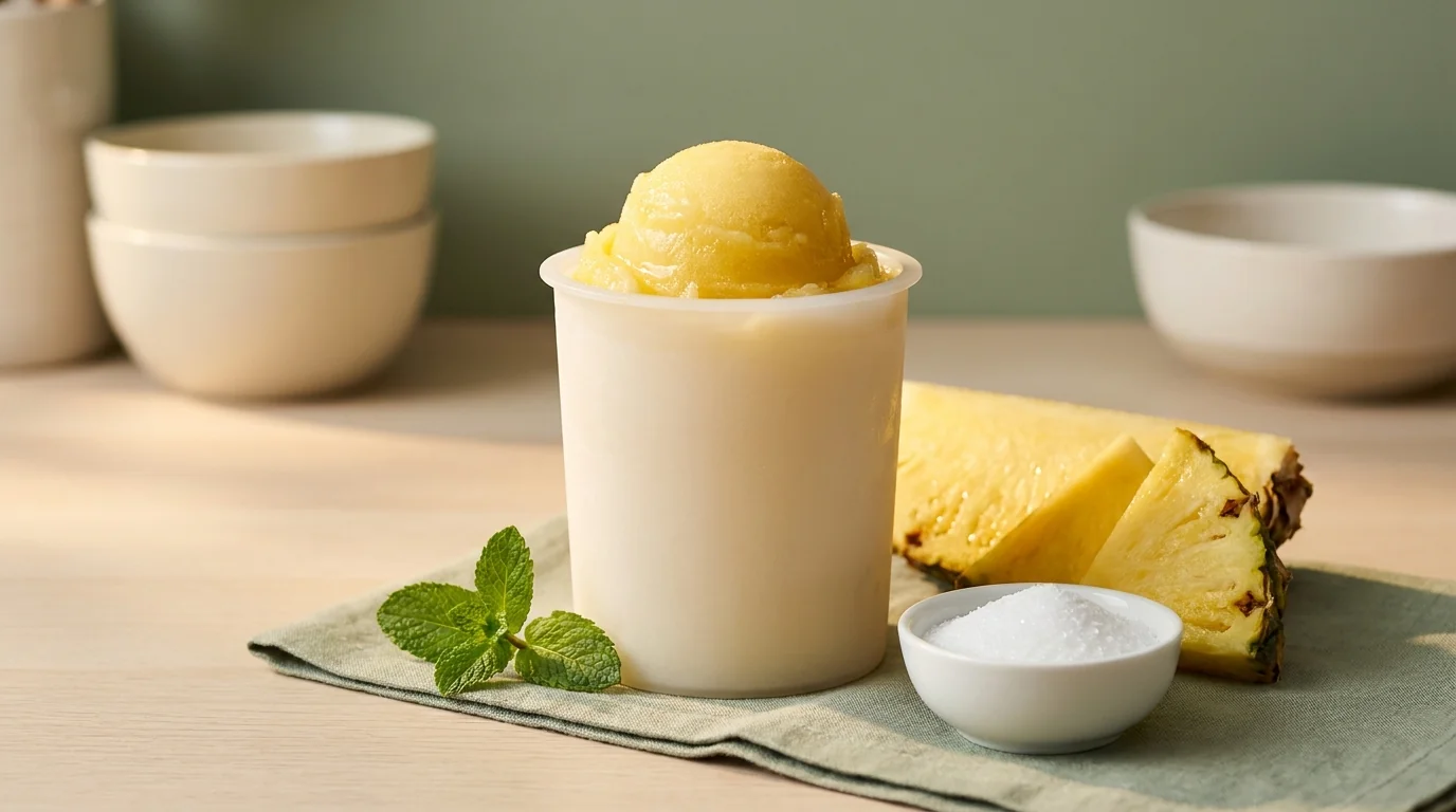 Golden sugar-free pineapple sorbet in a Ninja Creami pint with fresh pineapple beside it