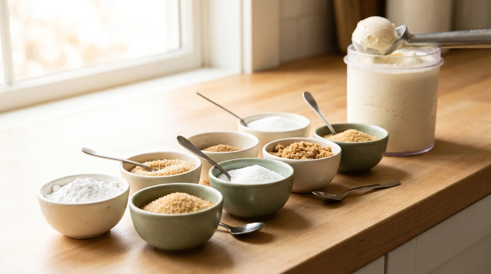 Bowls of different sweeteners lined up next to a smooth scoop of Ninja Creami ice cream