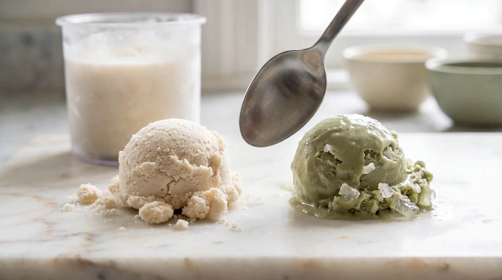 A powdery crumbly Ninja Creami scoop next to an icy scoop, ready to be diagnosed