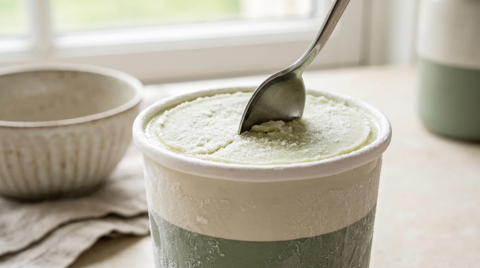 A Ninja Creami pint frozen rock-solid with frost on the tub and a spoon unable to dent it