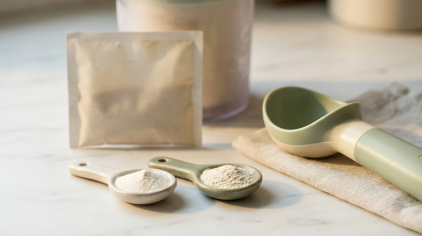 Two small spoons of xanthan and guar gum powder beside a smooth Ninja Creami scoop