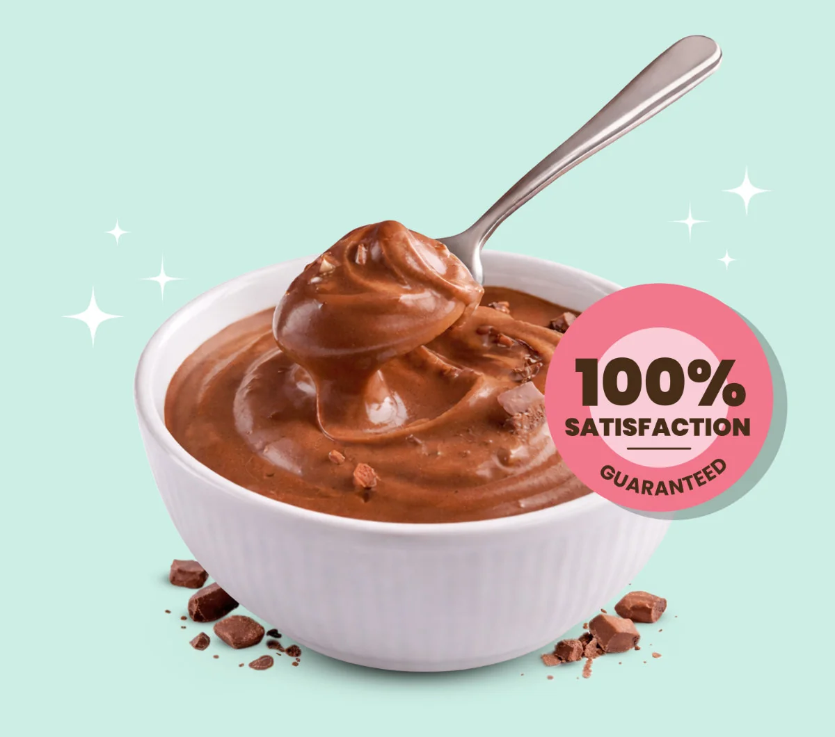 Simply Desserts Protein Pudding with 100% Satisfaction Guaranteed badge