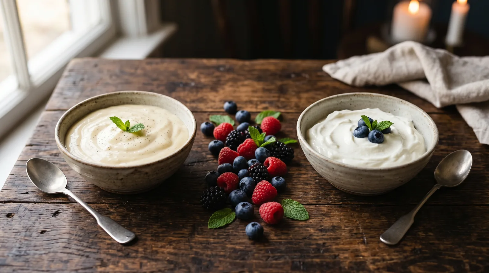 A bowl of creamy protein pudding next to a bowl of plain yogurt with fresh berries