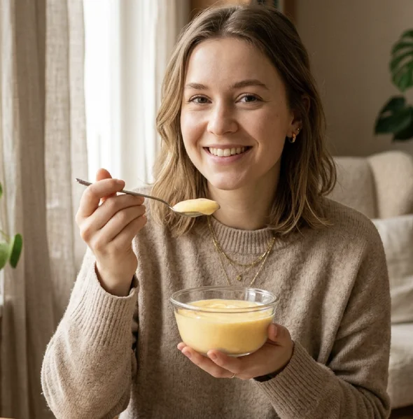 Woman enjoying vanilla protein pudding at home late at night