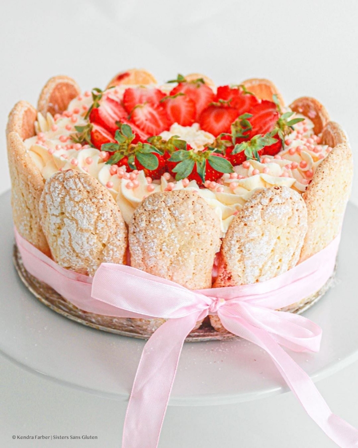 pink charlotte cake with strawberries