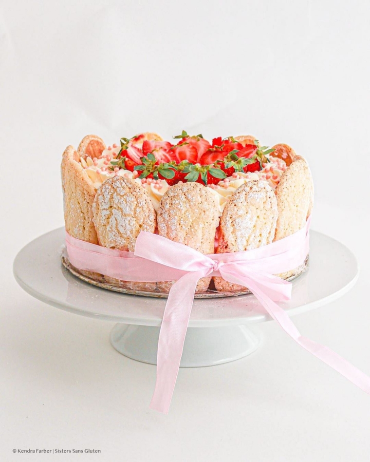 pink charlotte cake with strawberries