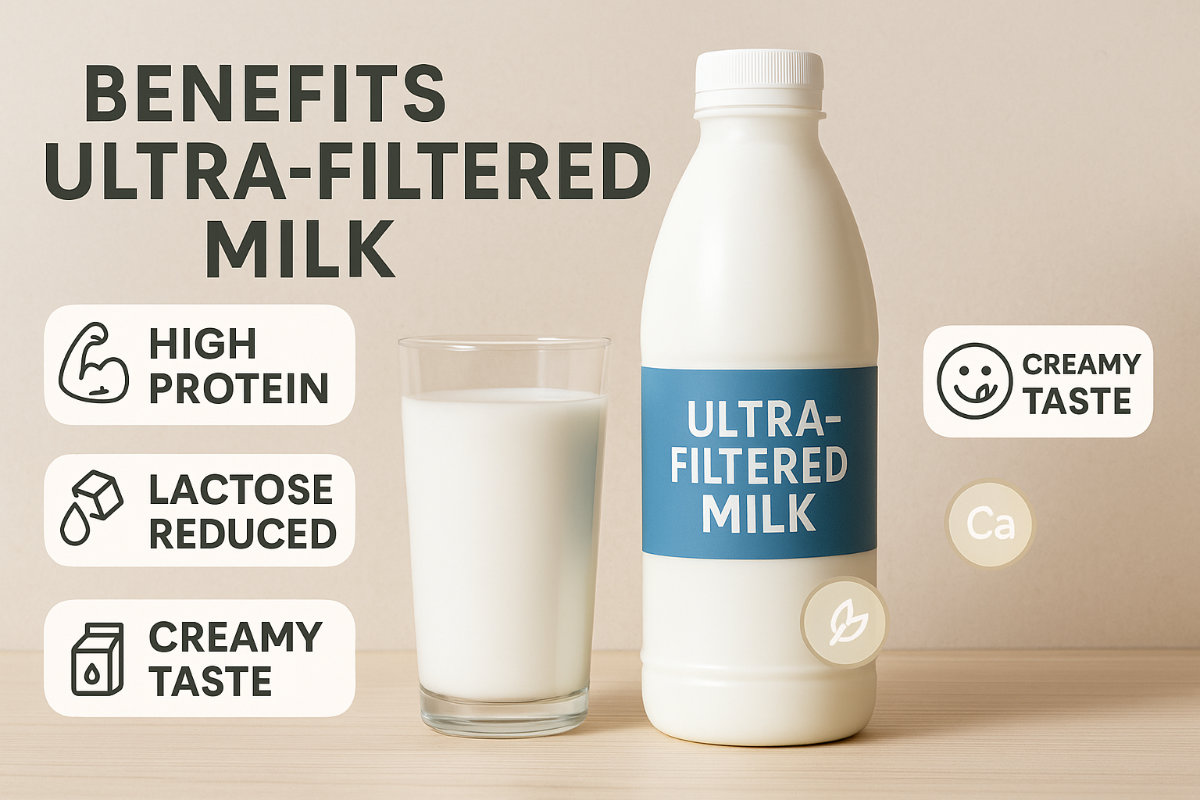 Ultra‑filtered milk bottle and glass with clean callouts: high protein, less sugar, lactose reduced, calcium, creamy taste.
