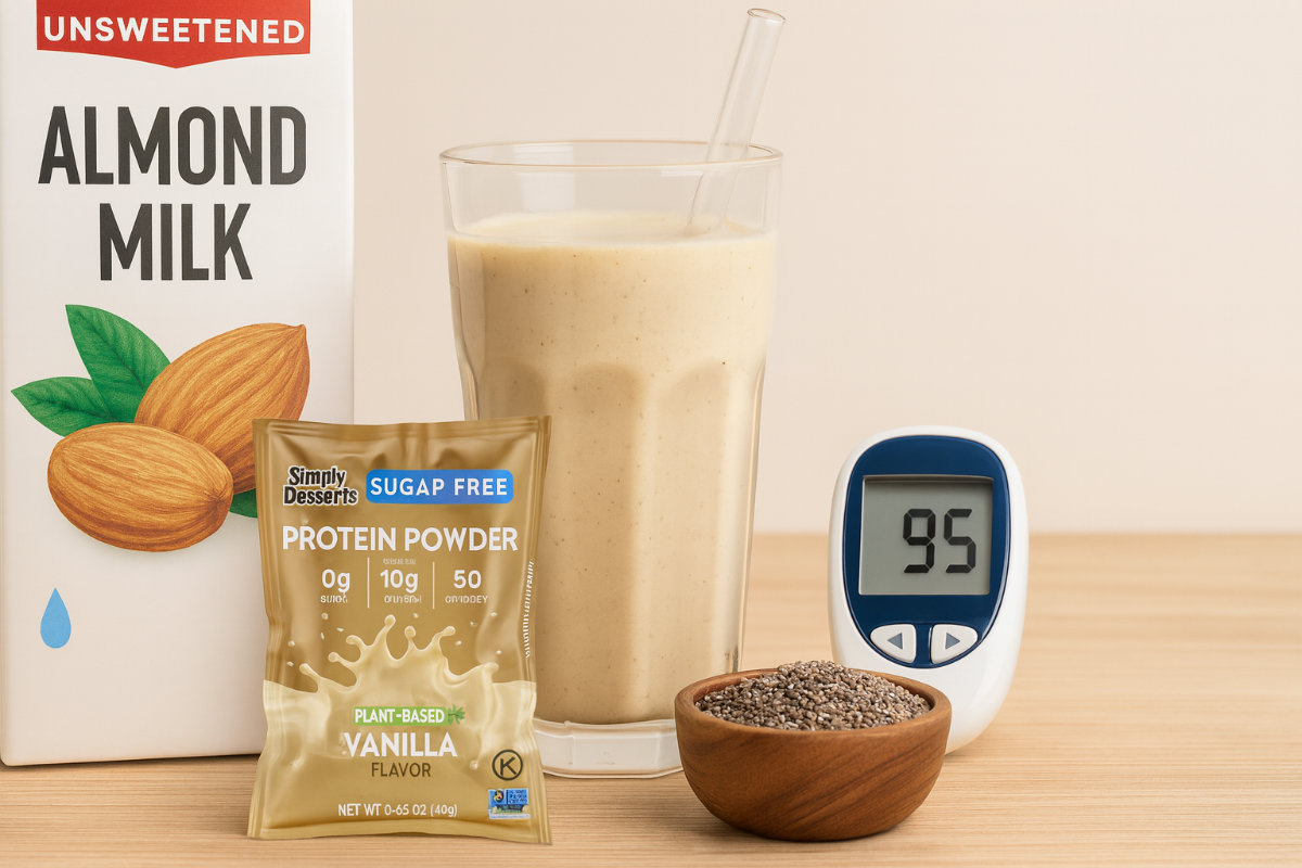 Balanced protein shake setup with unsweetened almond milk, chia seeds, and healthy fats to help reduce blood sugar spikes for insulin resistance.