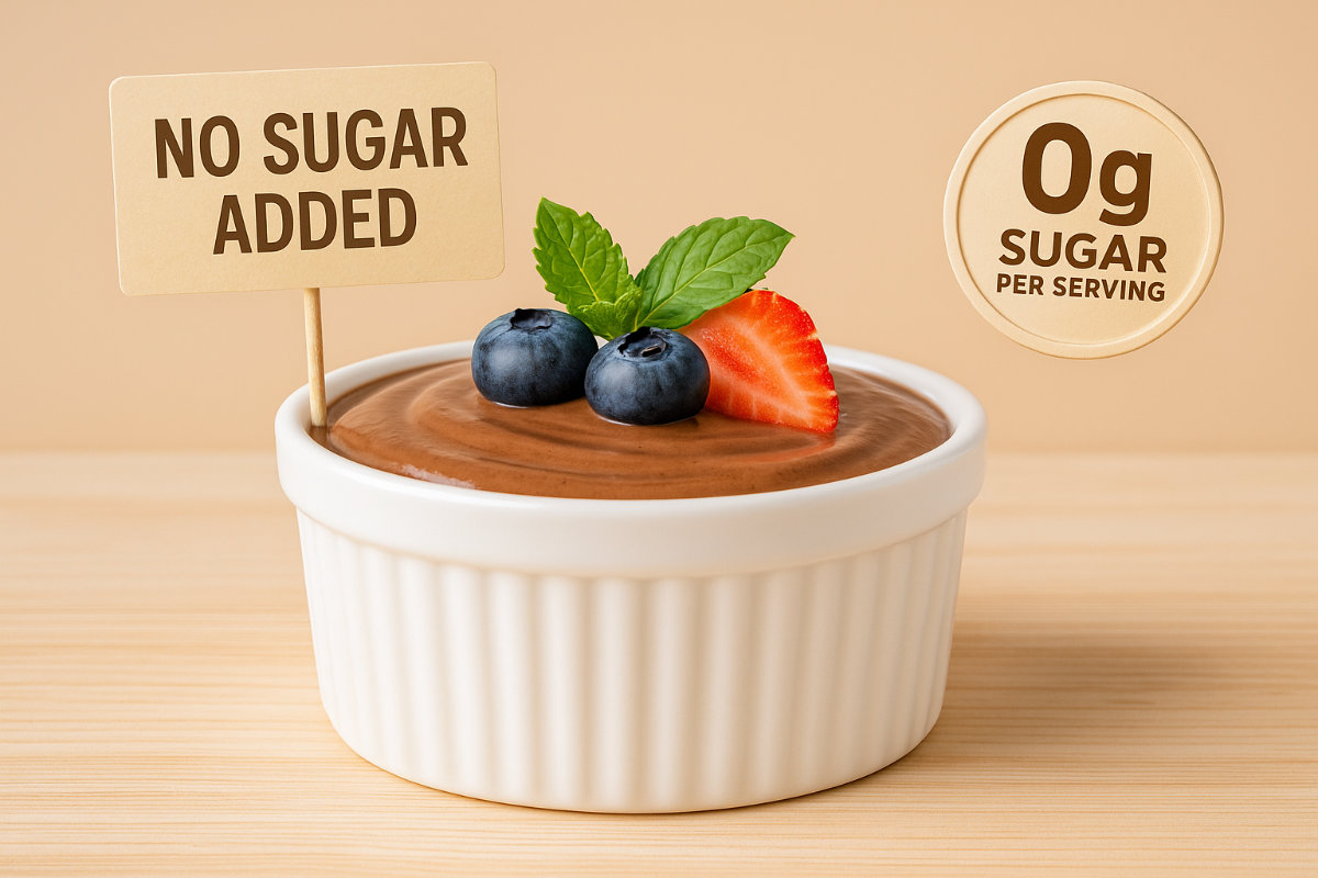No-sugar-added chocolate protein pudding with berries in a white ramekin; “0g sugar per serving” badge, diabetic-friendly dessert