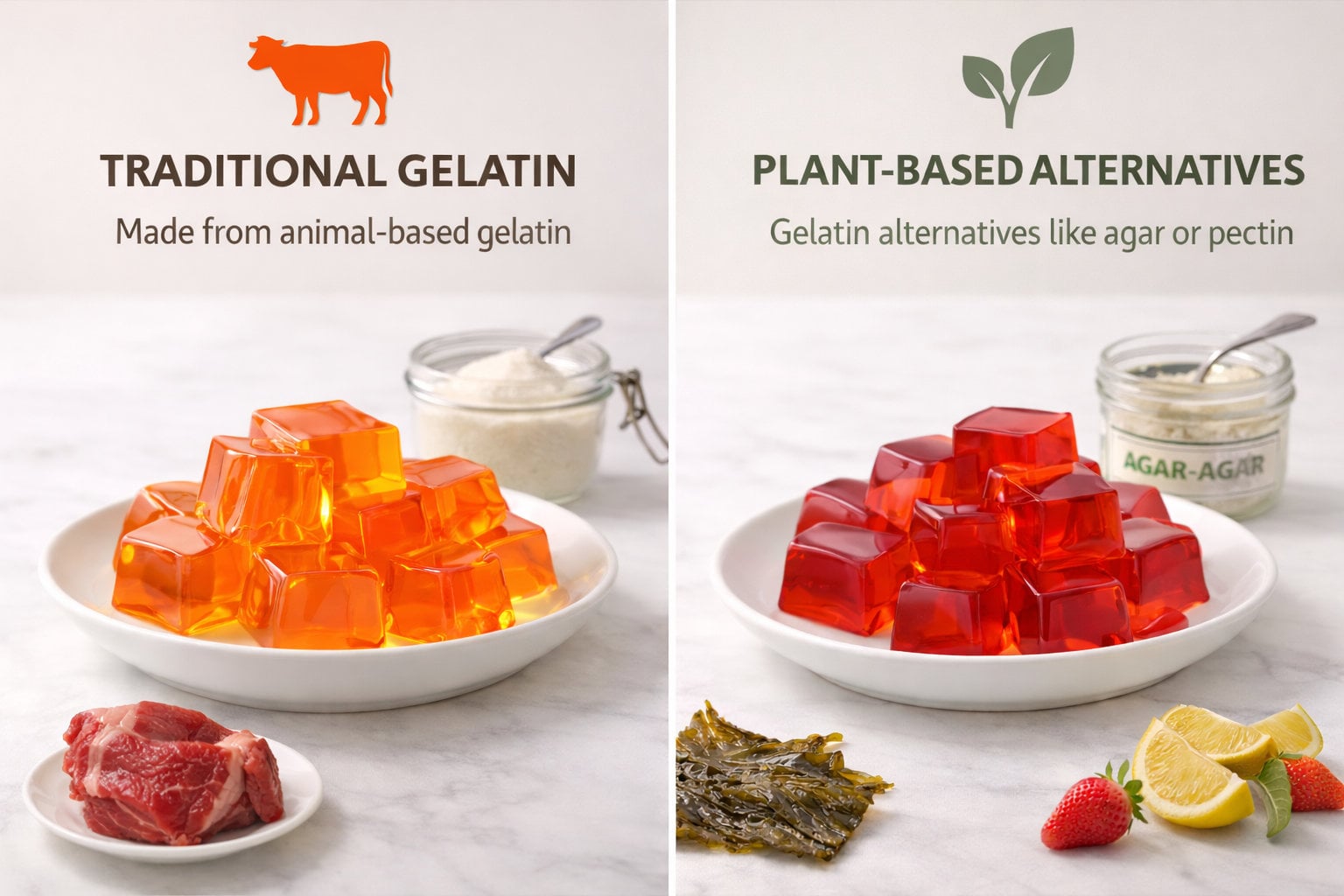 Side-by-side image comparing animal-based gelatin made from beef with plant-based gelatin alternatives such as agar and pectin.