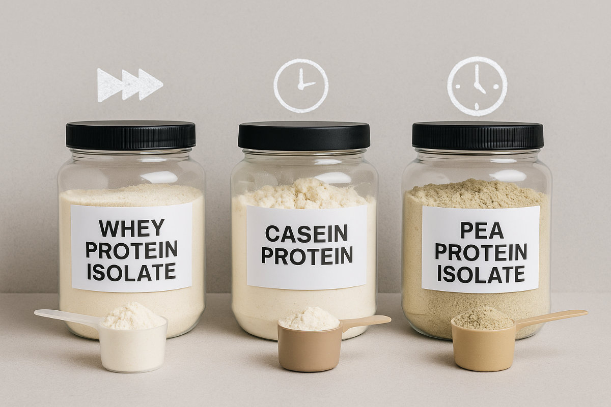 Flat lay showing whey protein isolate, casein protein, and pea protein isolate with measuring scoops for people managing diabetes.