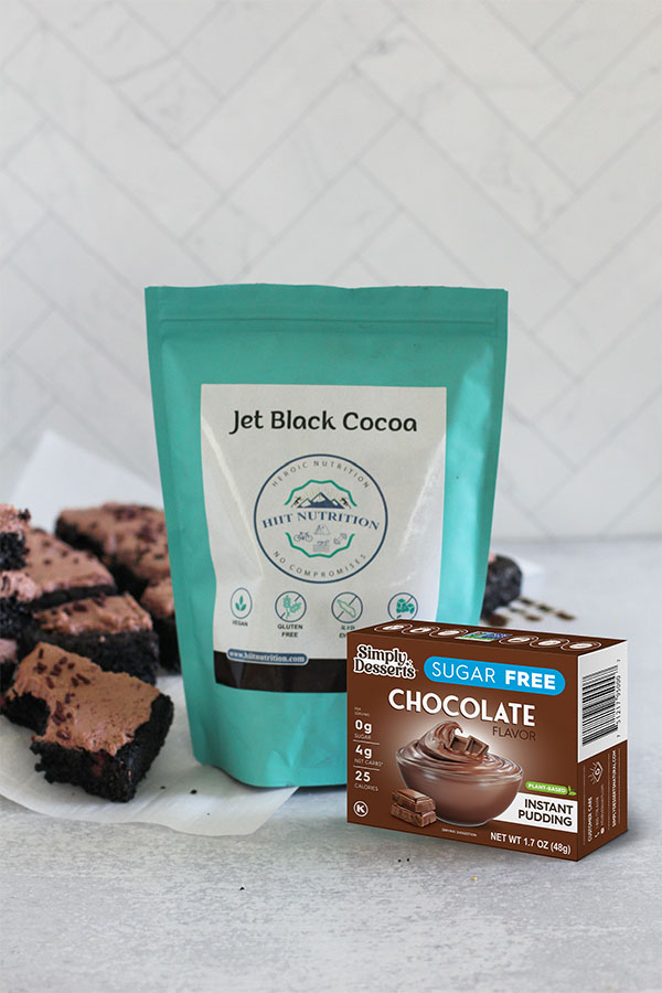 HIIT Nutrition Jet Black Cocoa and Simply Desserts Sugar-Free Chocolate Pudding used to make dark cocoa frosted brownies.
