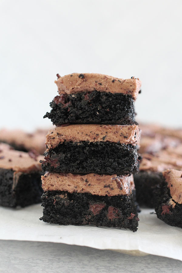 Close-up of three-layered dark cocoa brownies stacked with frosting detail