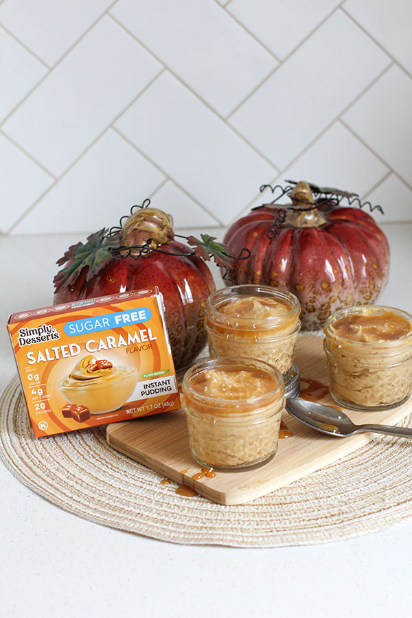 Salted caramel pudding cups with Simply Desserts pudding box and caramel drizzle