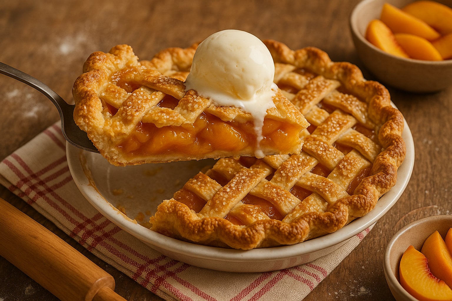 Slice of homemade lattice-top peach pie being served with a scoop of vanilla ice cream on a rustic wooden table.