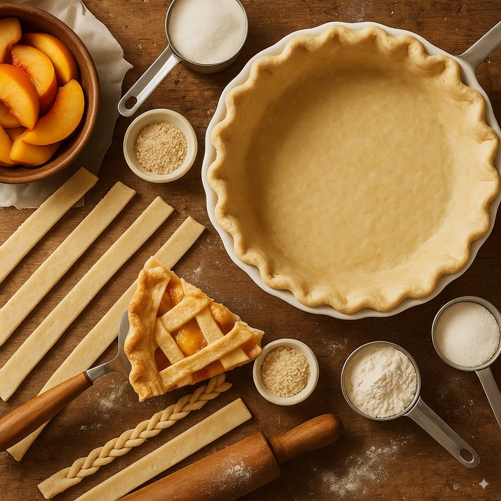 Overhead view of peach pie prep with unbaked crust, lattice strips, fresh peach slices, and baking ingredients on a rustic wooden table.