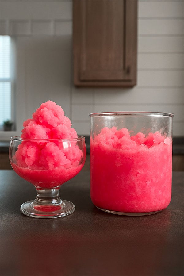 Ninja Creami Pint with pink raspberry lemonade sorbet, Simply Desserts Raspberry Jel on a kitchen counter