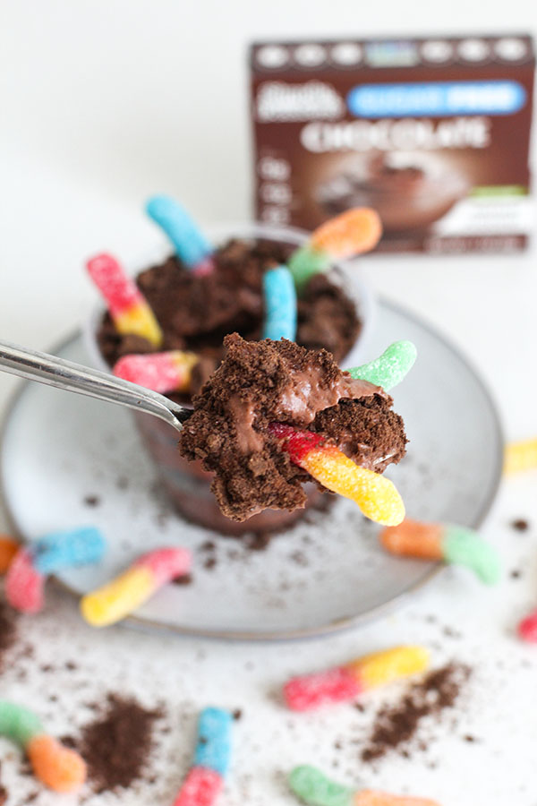 Spoonful of chocolate pudding with cookie crumble and gummy worm above pudding cup