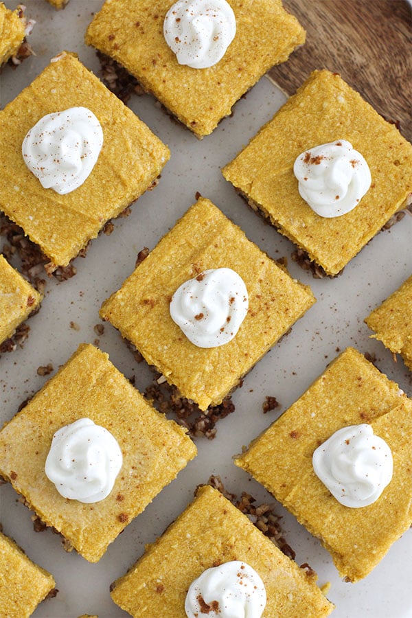 op view of evenly cut pumpkin bars with whipped cream dollops and a nutty crust layer