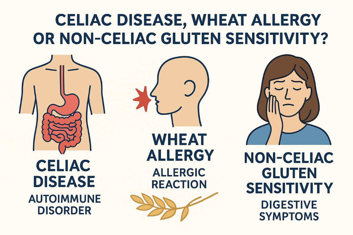 Illustration comparing celiac disease, wheat allergy, and non-celiac gluten sensitivity