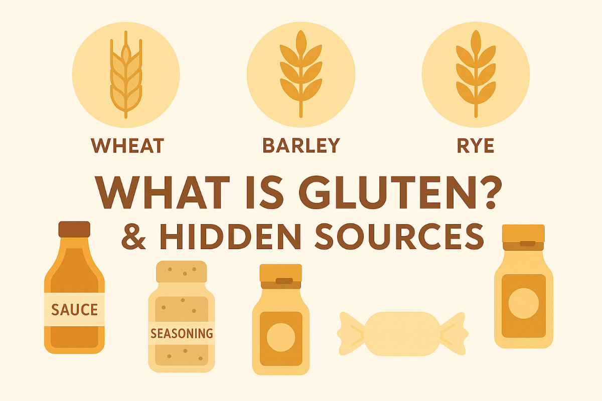 What is gluten and hidden sources: wheat, barley, rye with sauces, seasonings and candy