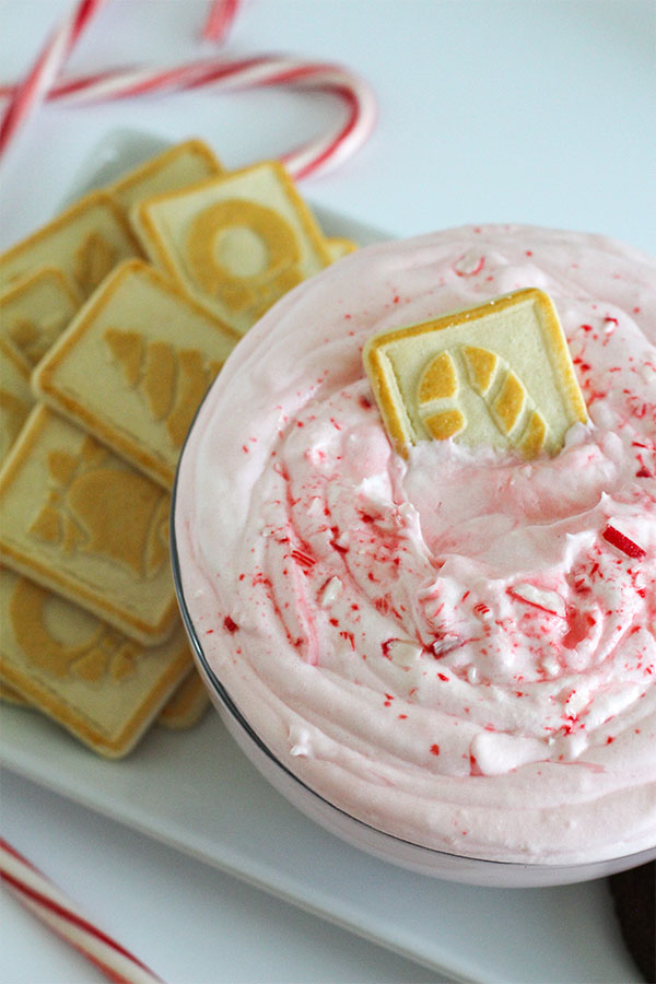 Peppermint candy cane dip with vanilla pudding and crushed candy canes