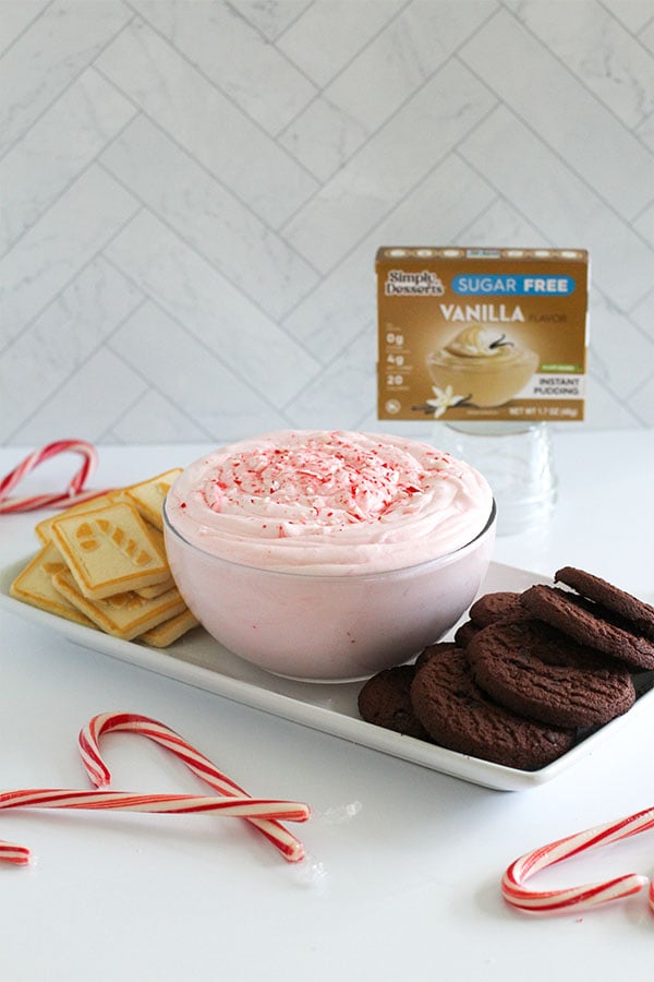 Festive sugar-free candy cane dip served with cookies and candy canes