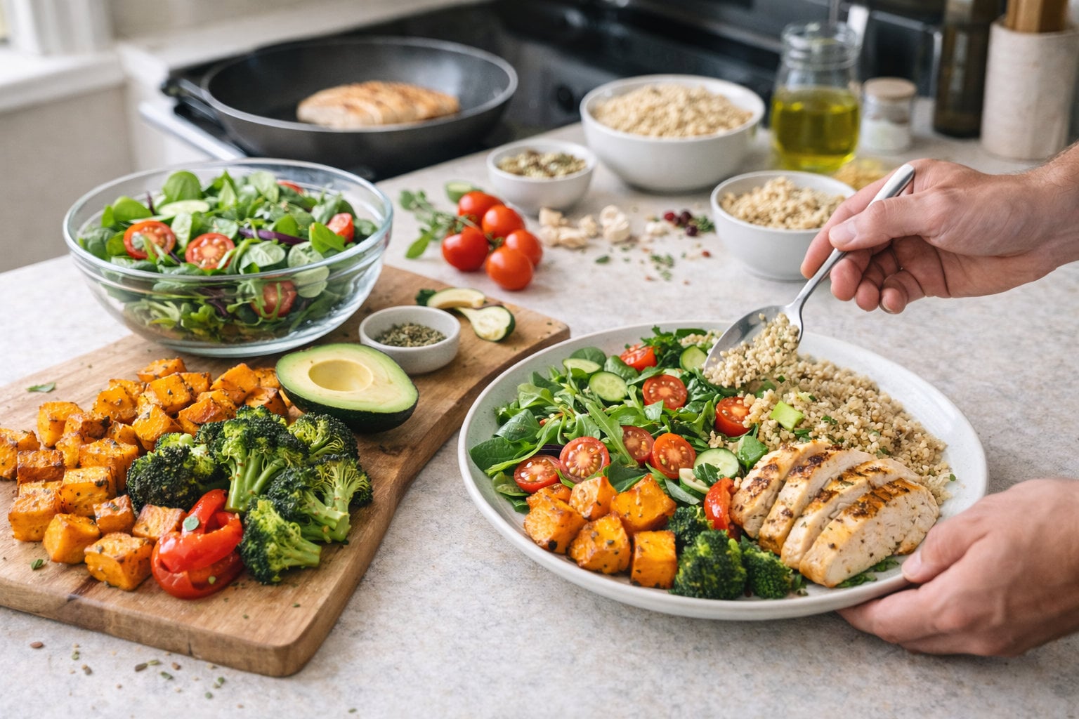 Kitchen scene showing a high-volume meal being assembled with vegetables filling most of the plate, along with grilled chicken and a small portion of carbohydrates.