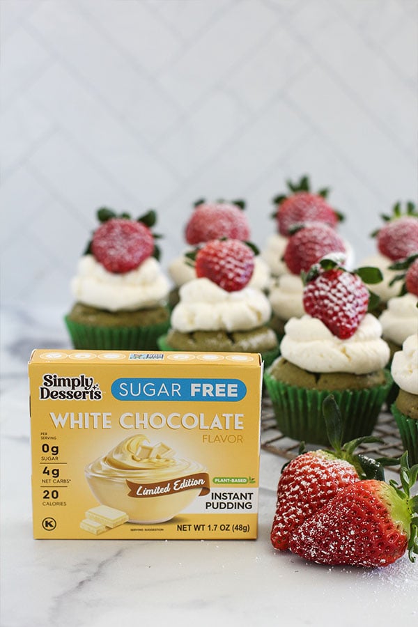 Matcha cupcakes with sugar-free white chocolate pudding frosting made using Simply Desserts