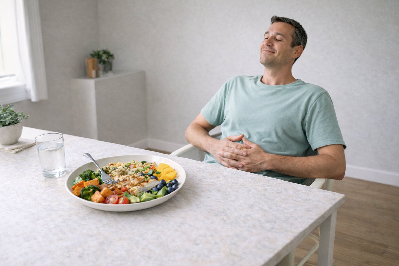 Person sitting comfortably at a table after a large, colorful meal, showing fullness and satisfaction from high-volume eating.