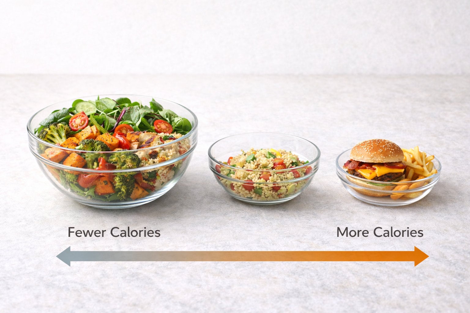 Educational visual explaining calorie density, showing a large bowl of low-calorie-density foods and a small bowl of high-calorie-density foods to illustrate portion size differences.