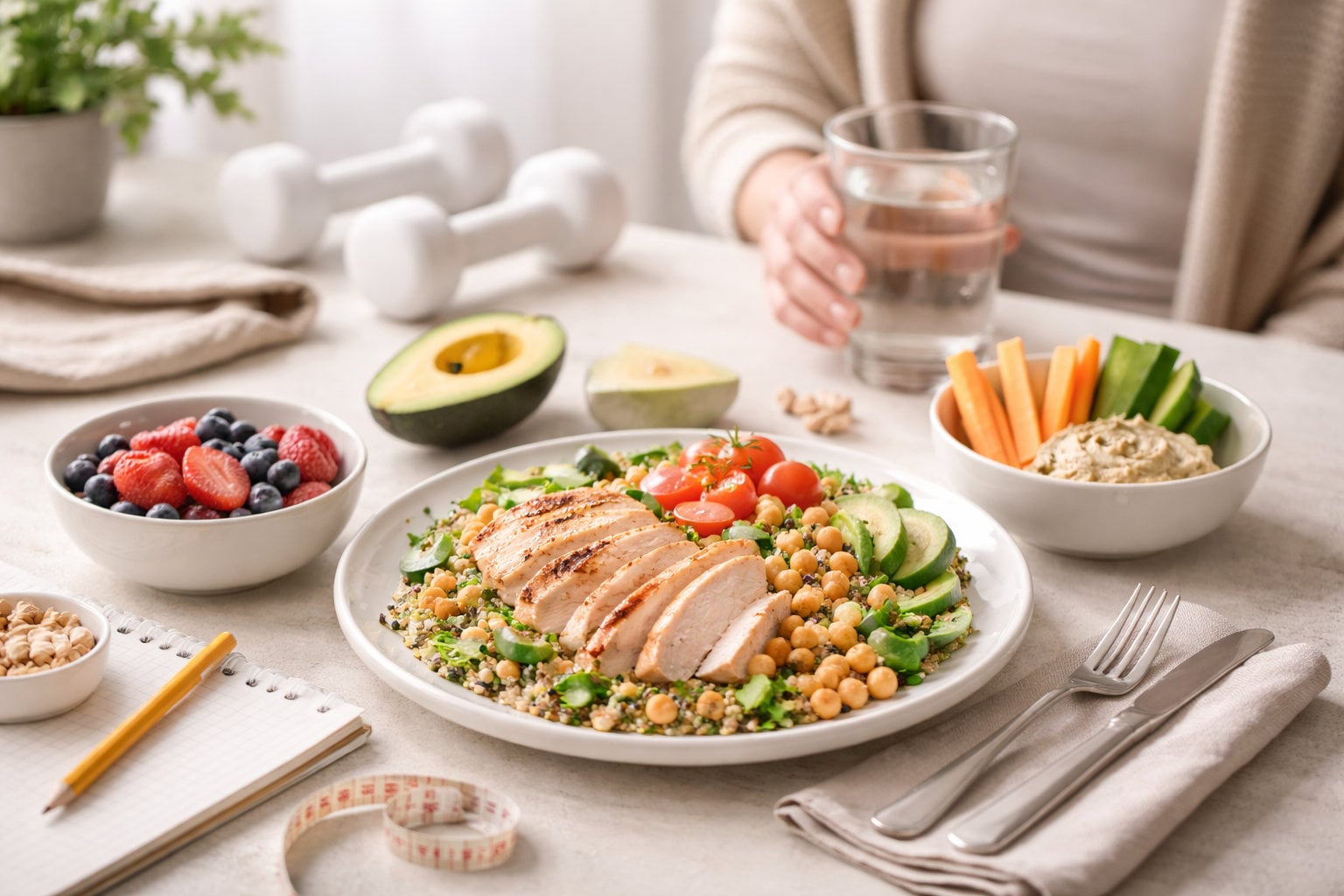 Balanced meal on a light table with grilled chicken and quinoa salad, fresh vegetables, berries, hummus