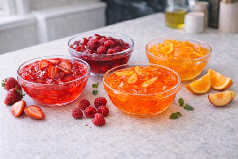 Healthy snacks for weight loss with fruit jelly bowls in strawberry, raspberry, peach, and orange