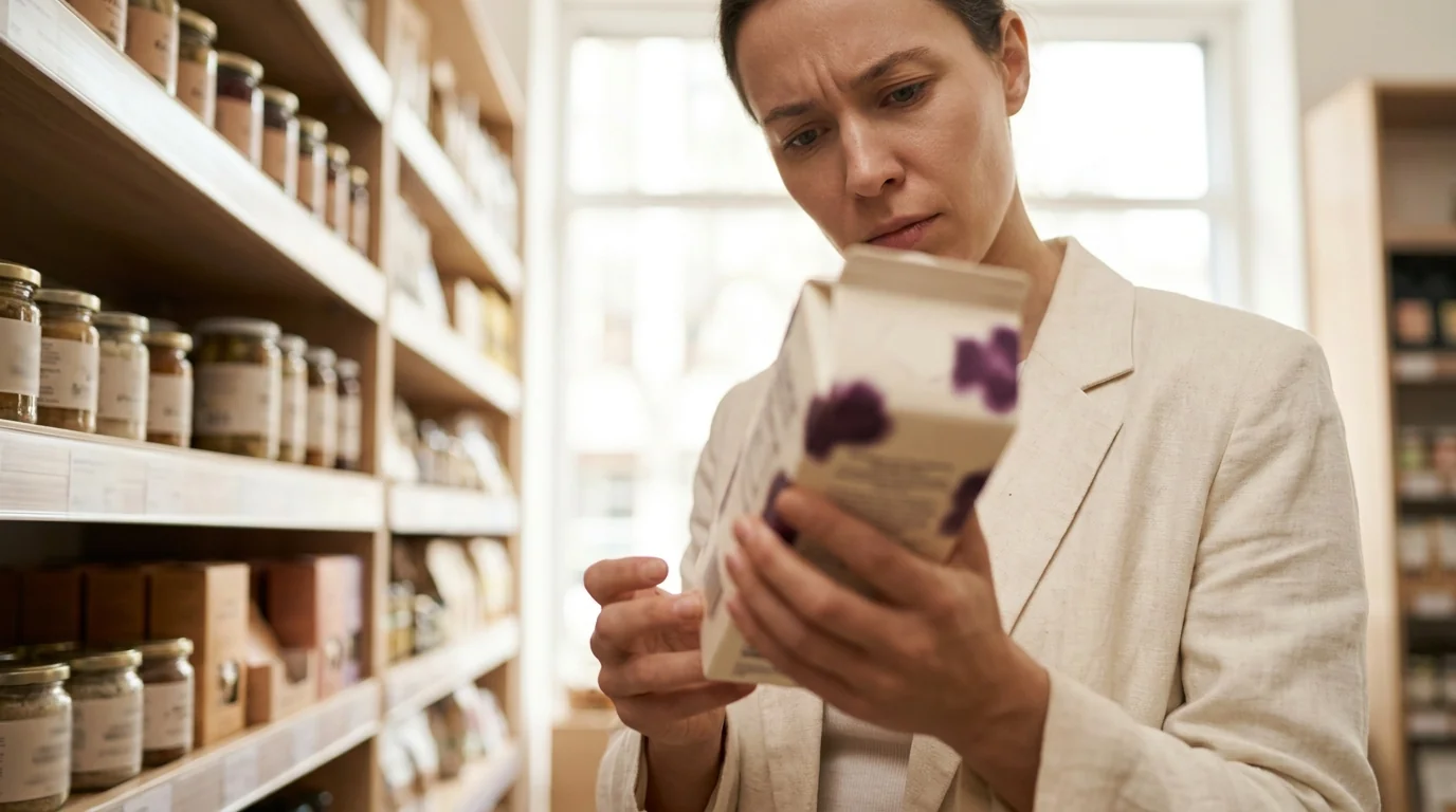 A shopper in a supermarket aisle turning a dessert package over to read the back label