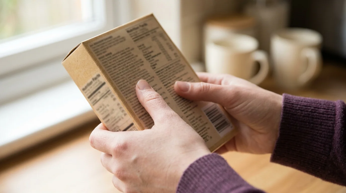 Close-up of hands holding a food package, examining the fine print on the back
