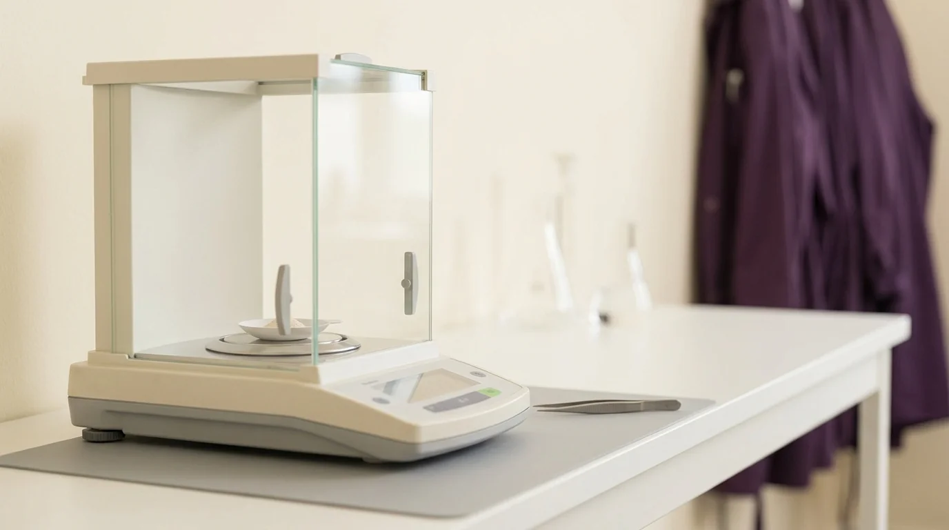 A laboratory microbalance weighing a tiny quantity of powder, illustrating a milligram-scale reference dose