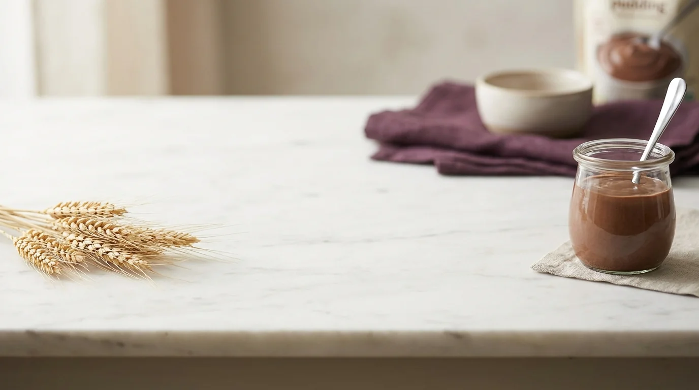 Wheat stalks on one side of a marble counter and a creamy dessert in a glass on the other, separated